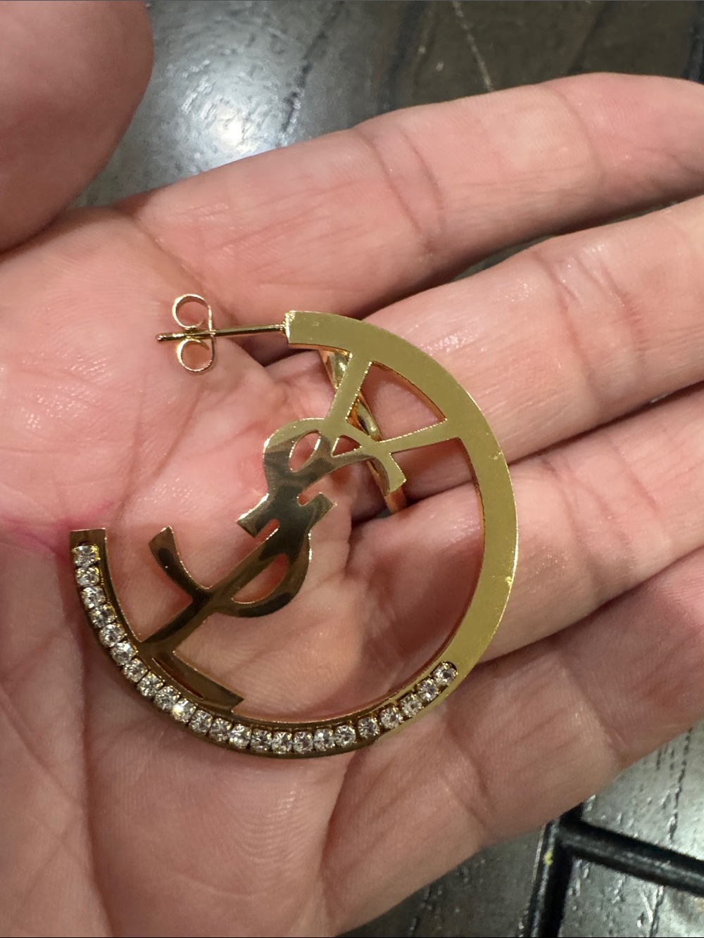 Gold Hoop Earrings with Crystal Accent - Picture 2 of 2